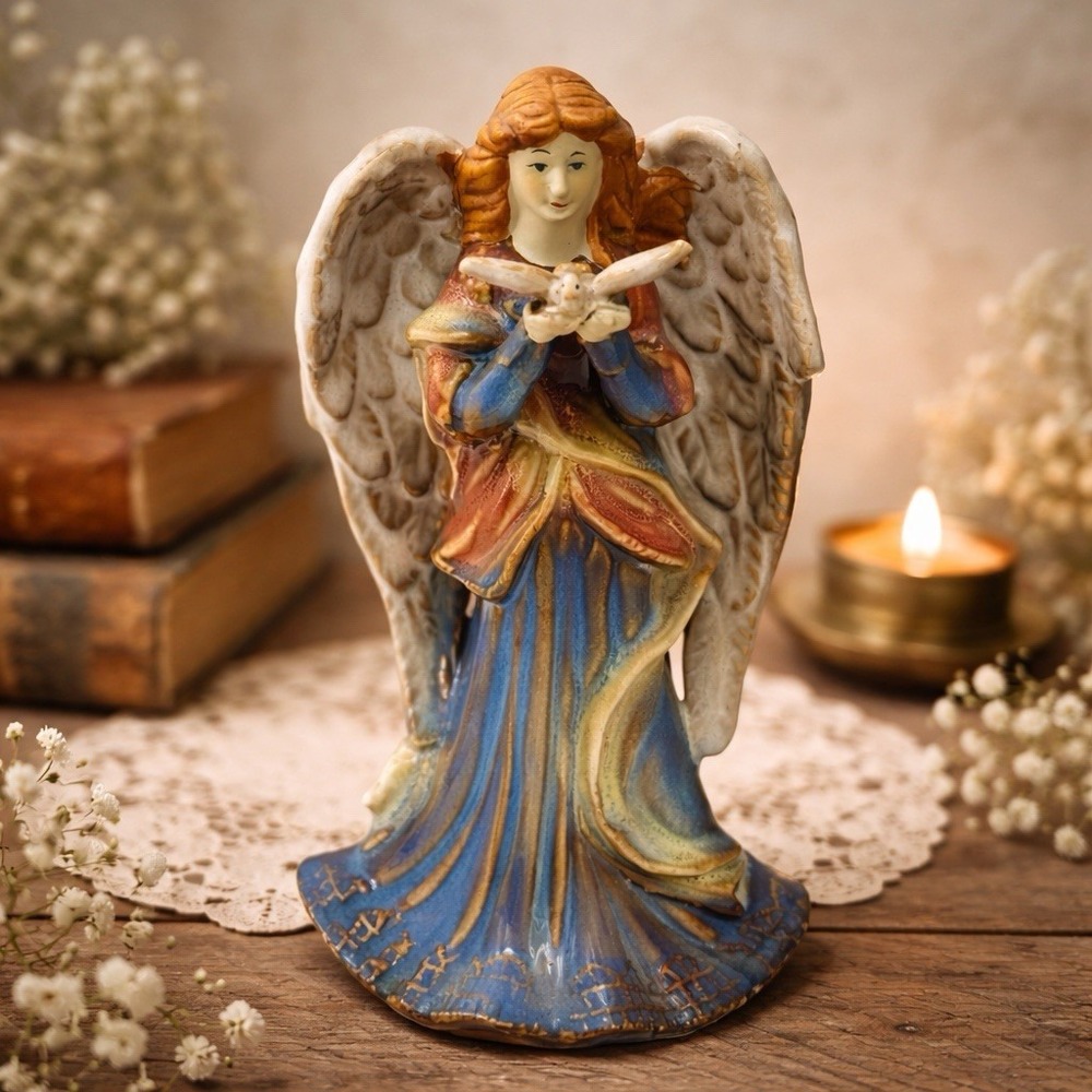 Vintage Ceramic Angel‎ Of Peace Statue Figurine With Dove Of Peace